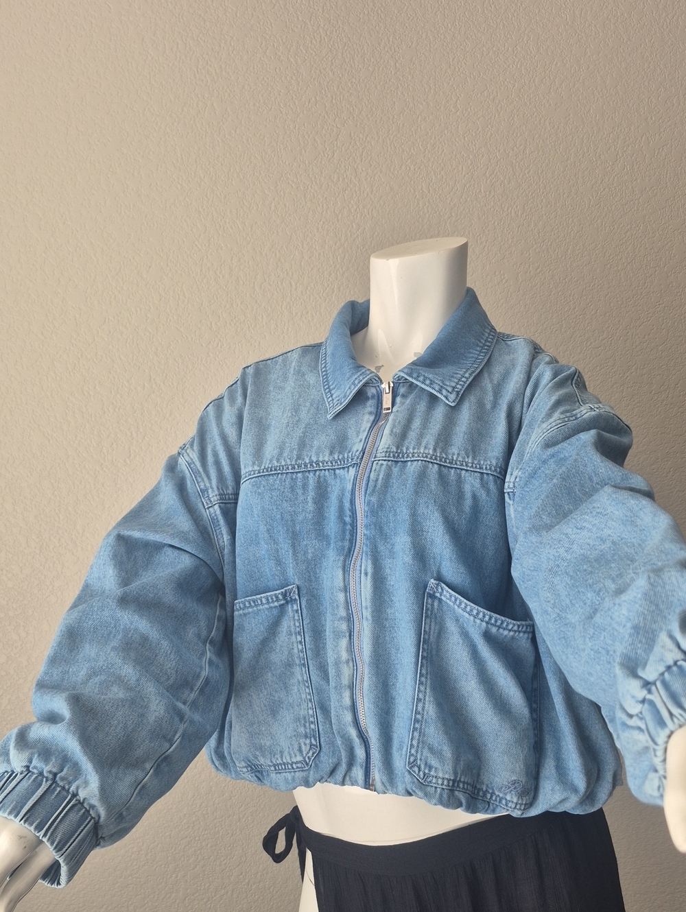 PINK Victoria's Secret Light Blue Denim Zip Bomber Jacket